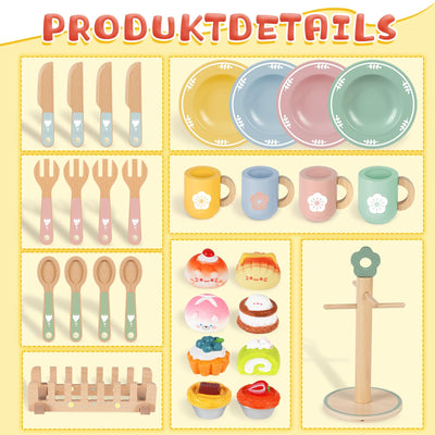 Service à Thé Accessoires De Cuisine Pour Enfants En Bois, 30 Pièces Service à Thé Accessoires de Cuisine pour Enfants en Bois avec Petits Gâteaux et Pâtisseries, Service à Thé