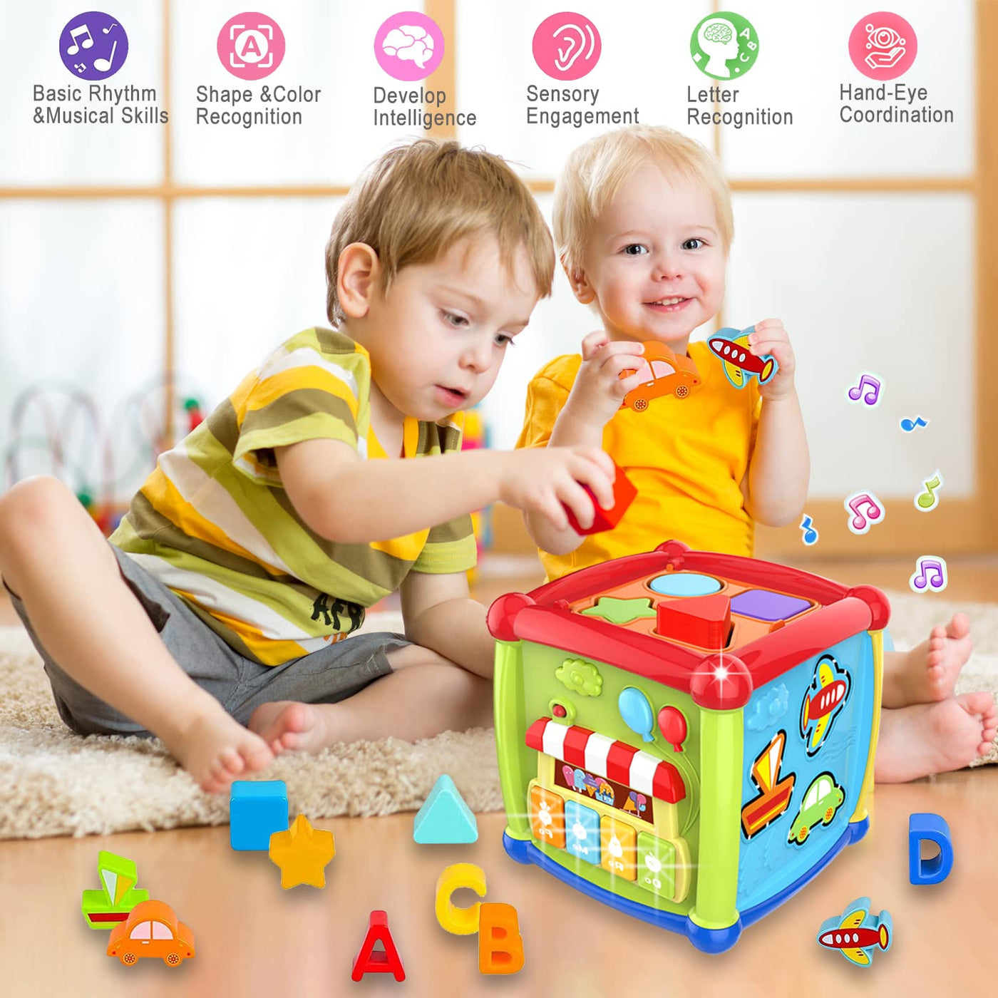 Baby toy 6 in 1 motor skills cube children's toy shape sorter piano light music