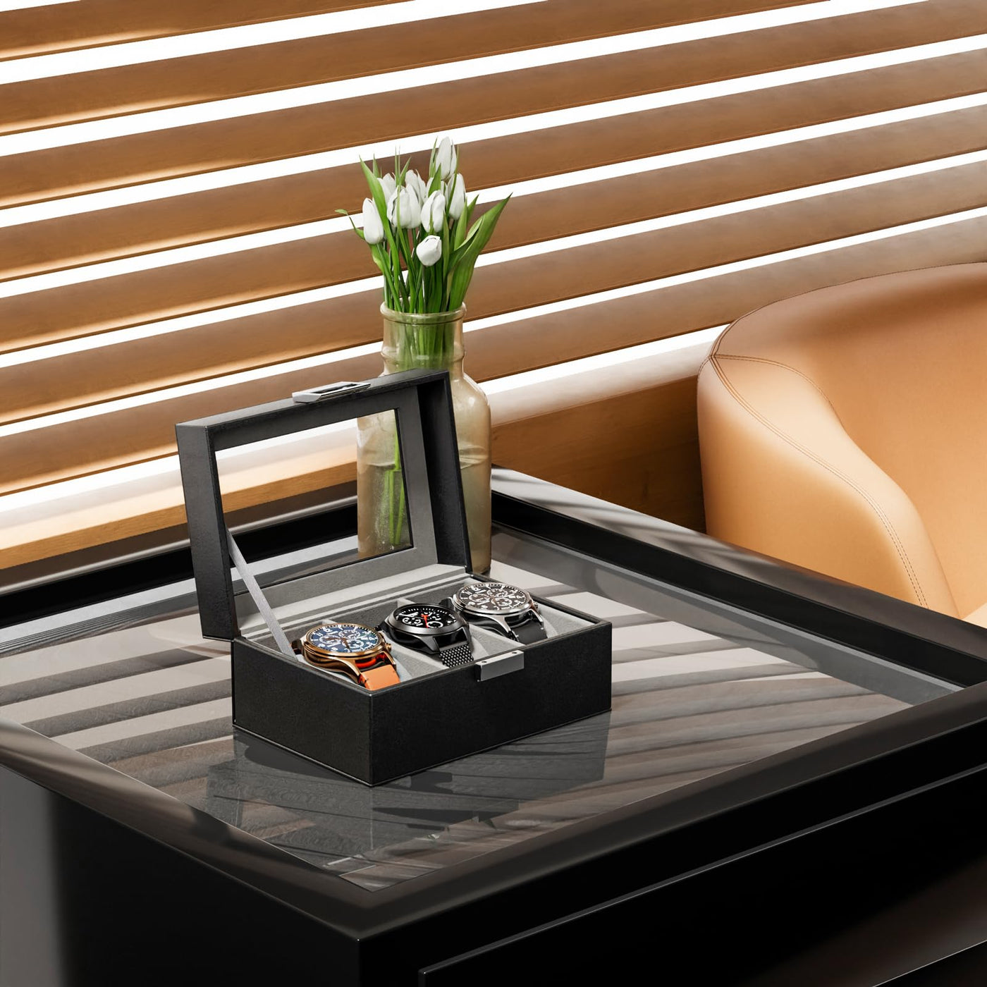 Boîte à montres avec 3 compartiments, boîte à montres avec couvercle en verre, boîte à montres avec coussin pour montres