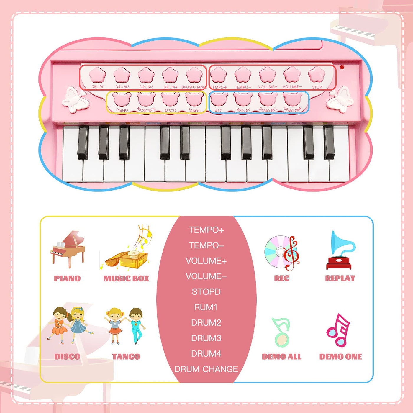 Piano toy toddler piano music toy instruments with 24 keys and microphone