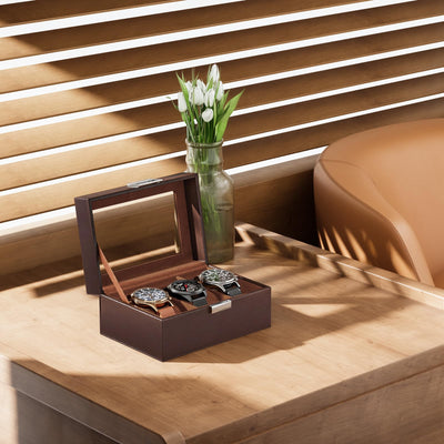 Boîte à montres avec 3 compartiments, boîte à montres avec couvercle en verre, boîte à montres avec coussin pour montres