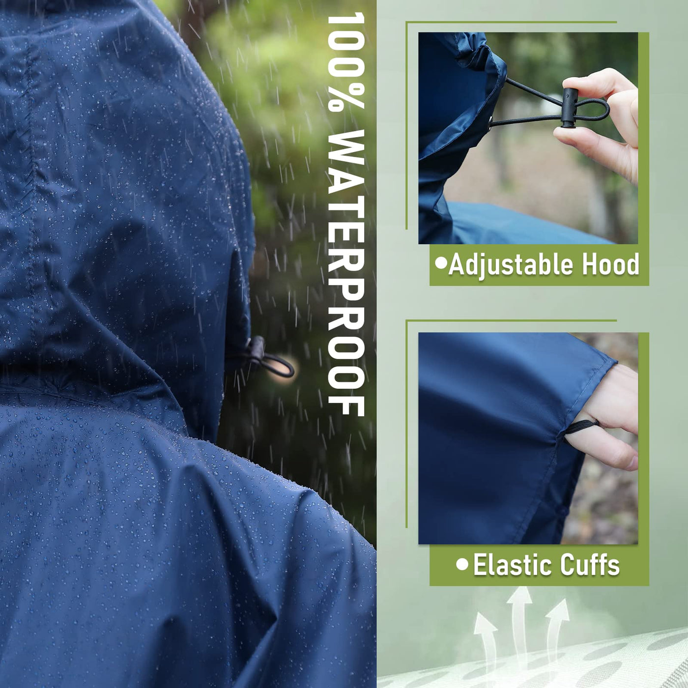 Rain cape with hood zipper, reusable raincoat, rain poncho bike hiking