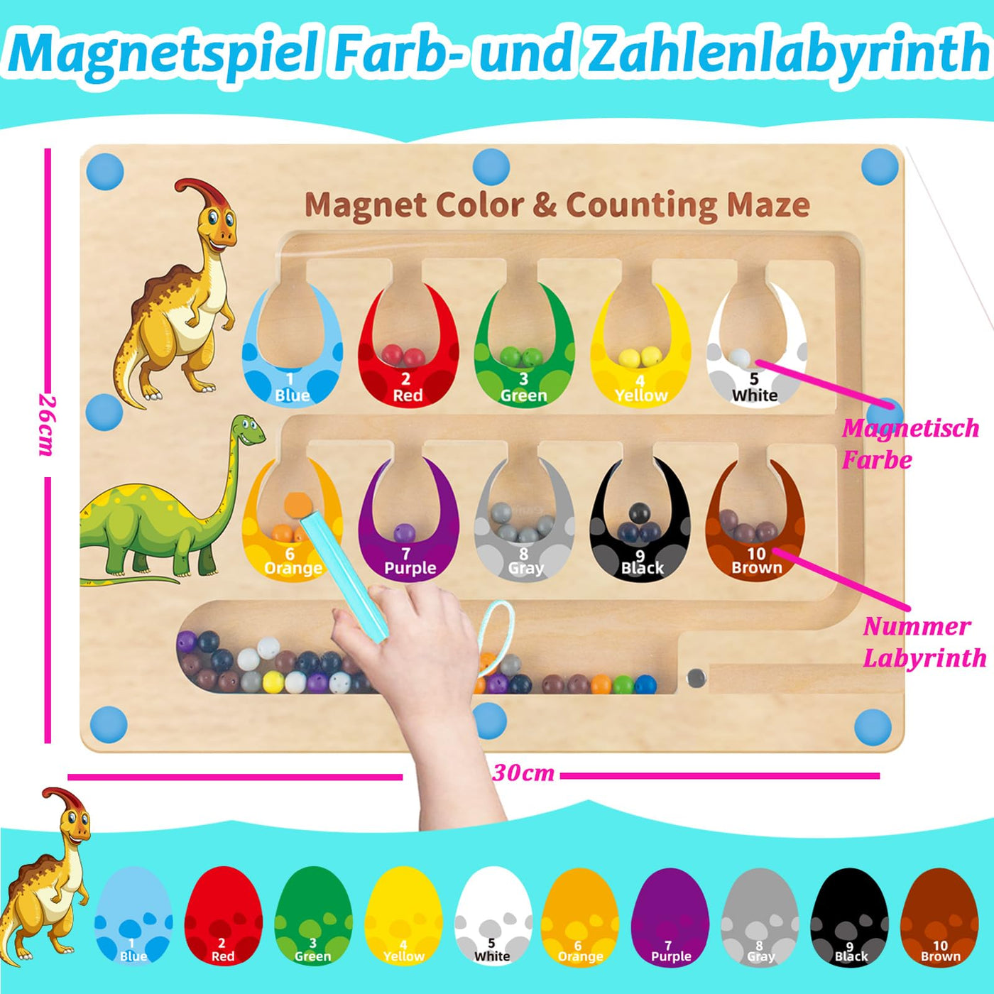 Jouet en bois labyrinthe magnétique - dinosaure, jouet de motricité avec les chiffres et les couleurs