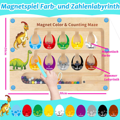 Jouet en bois labyrinthe magnétique - dinosaure, jouet de motricité avec les chiffres et les couleurs