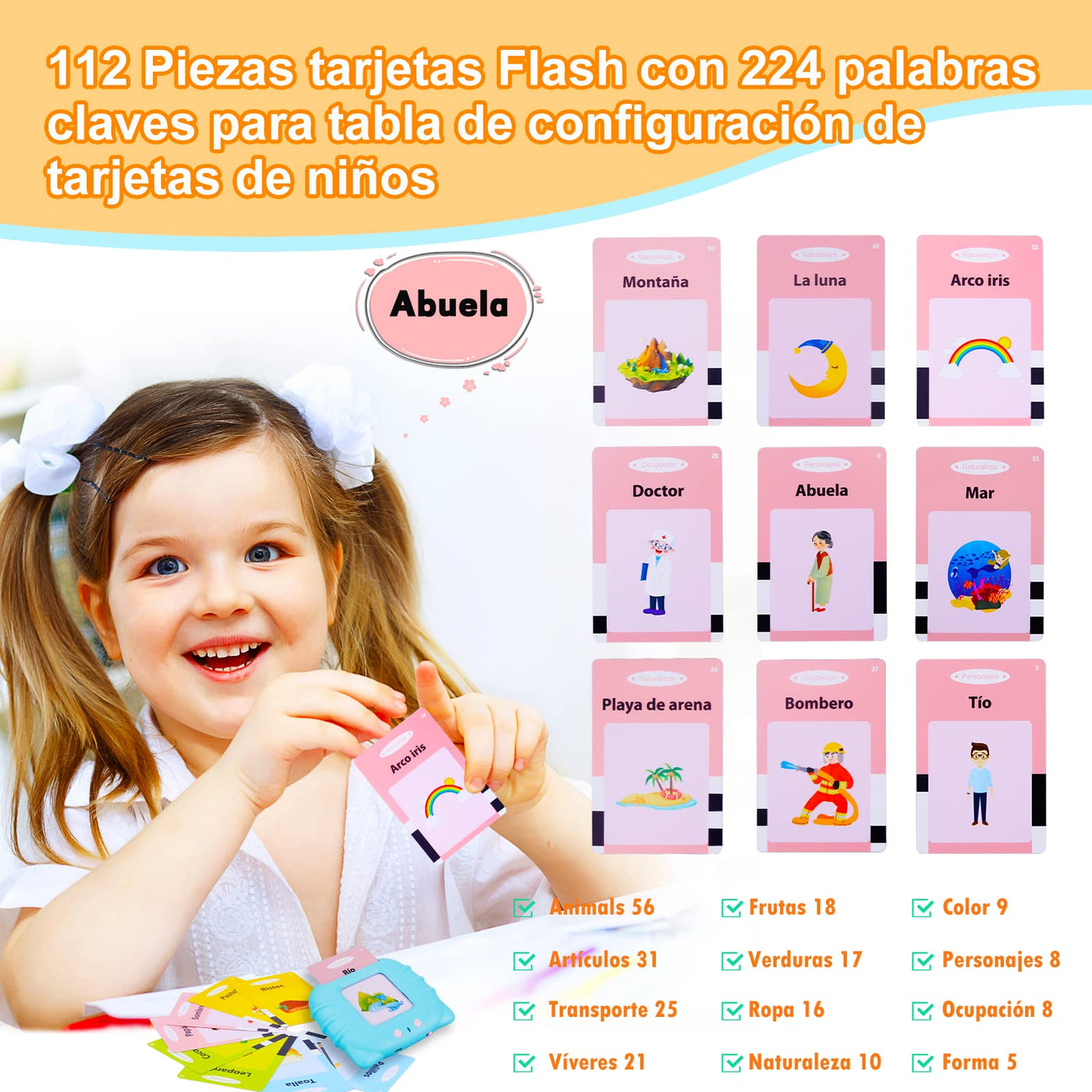 Spanish flash cards for learning, for toddlers, 112 sheets, 224 sheets, educational toy