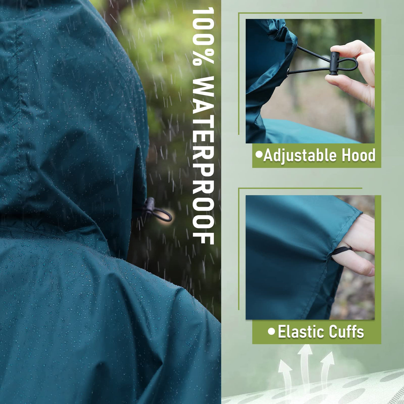 Rain cape with hood zipper, reusable raincoat, rain poncho bike hiking