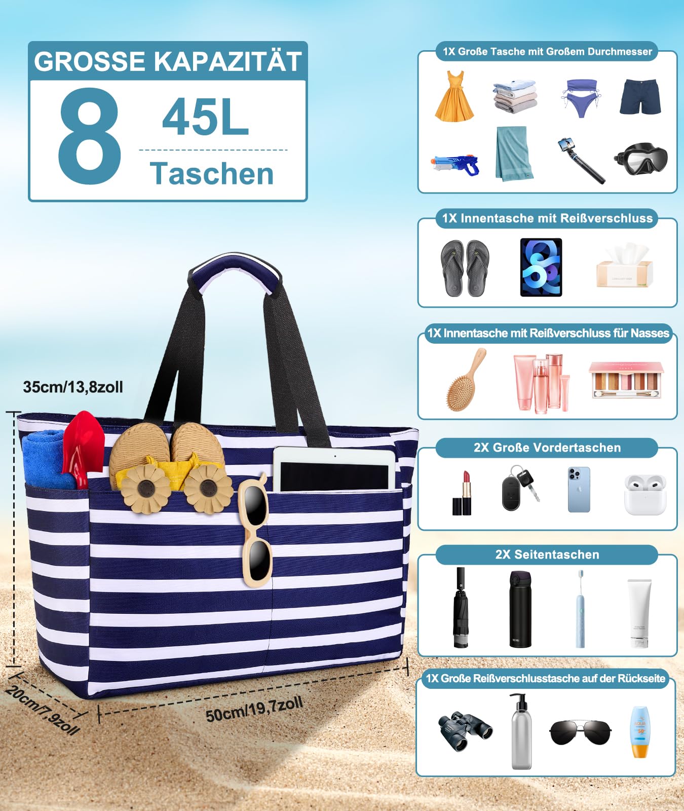 Grand sac de plage avec fermeture éclair