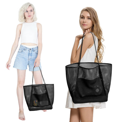 Sac de plage en maille avec poche intérieure zippée, sac à bandoulière pour femmes, sac de natation, sacs à main pliables