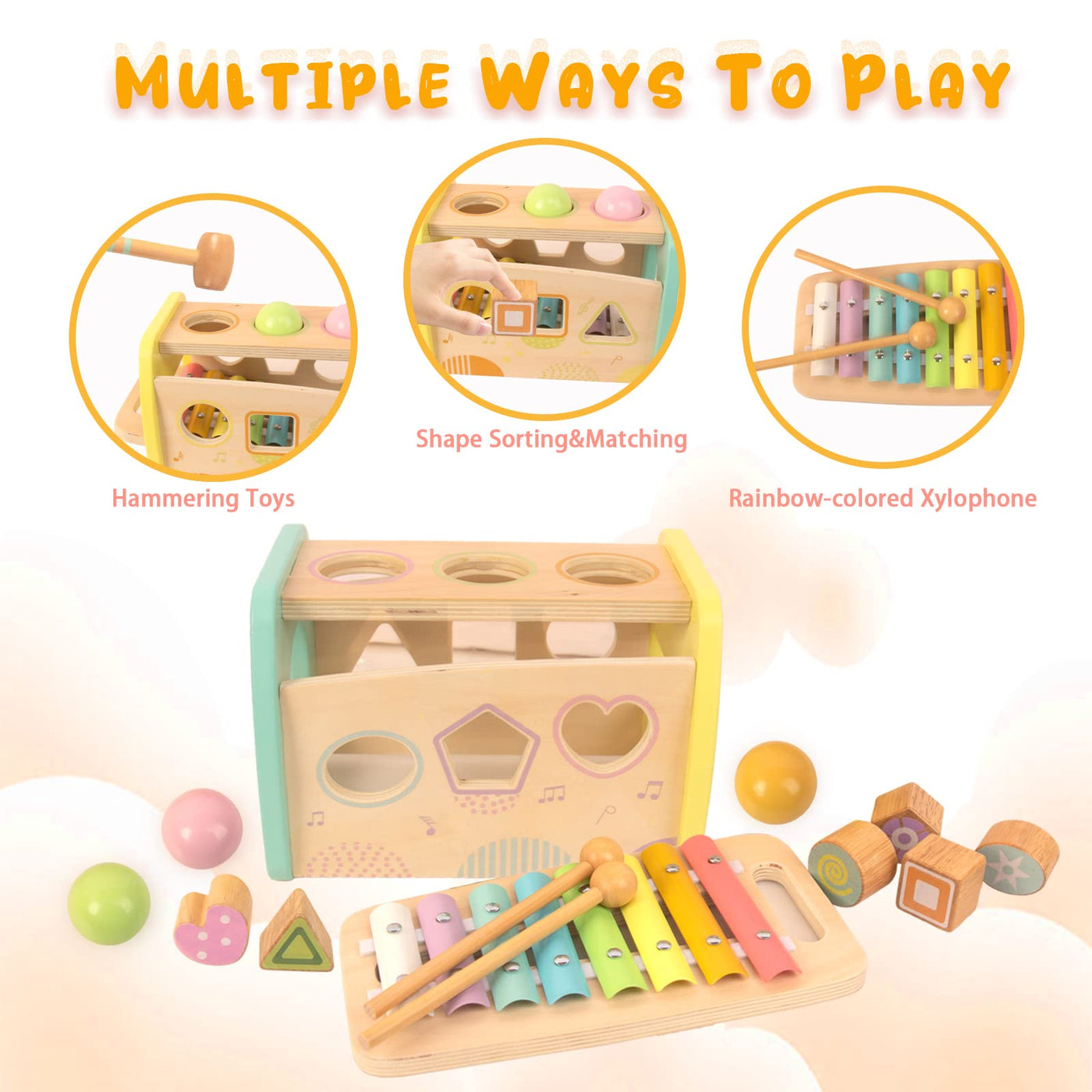 Xylophone et marteau, 3 en 1 jouet musical éducatif pour les enfants d'âge préscolaire jouet en bois jouet éducatif jouet pour la motricité