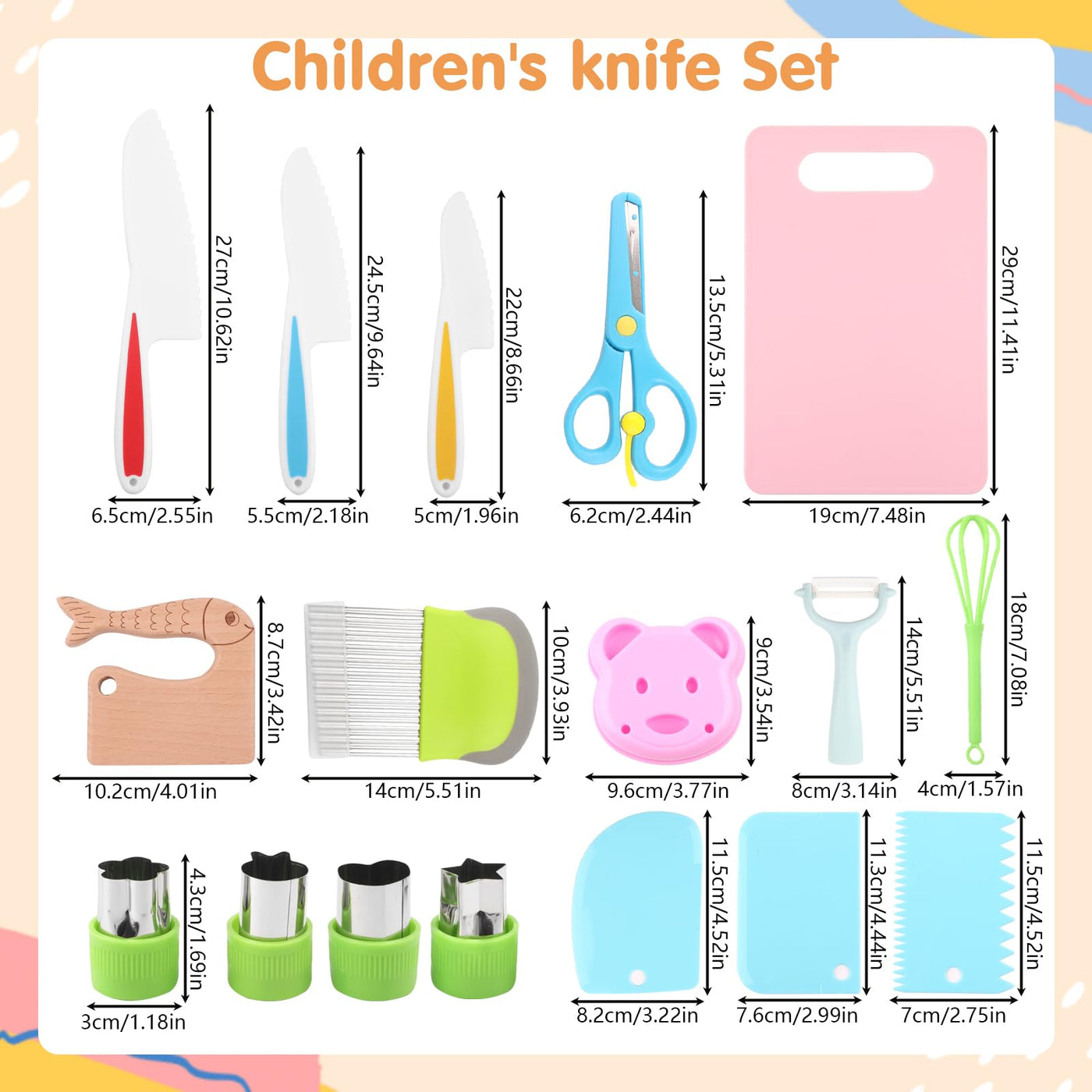 Children's knives, 17-piece children's knife set kitchen knives children, knife cutting set with cutting board, vegetable cutters and peeler