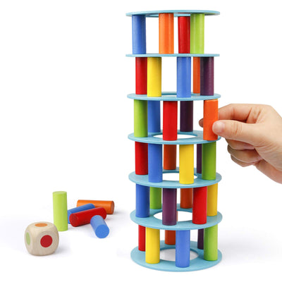 Wooden tower stacking game, fine motor building blocks with cubes Leaning tower