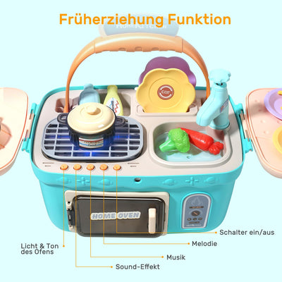 Kinderküchenspielzeug Picknick-Set, tragbares Picknickkorb-Spielzeug mit Musik und Lichtern, farbwechselndes Spielfutter, Küchenspüle, Küchenspiel