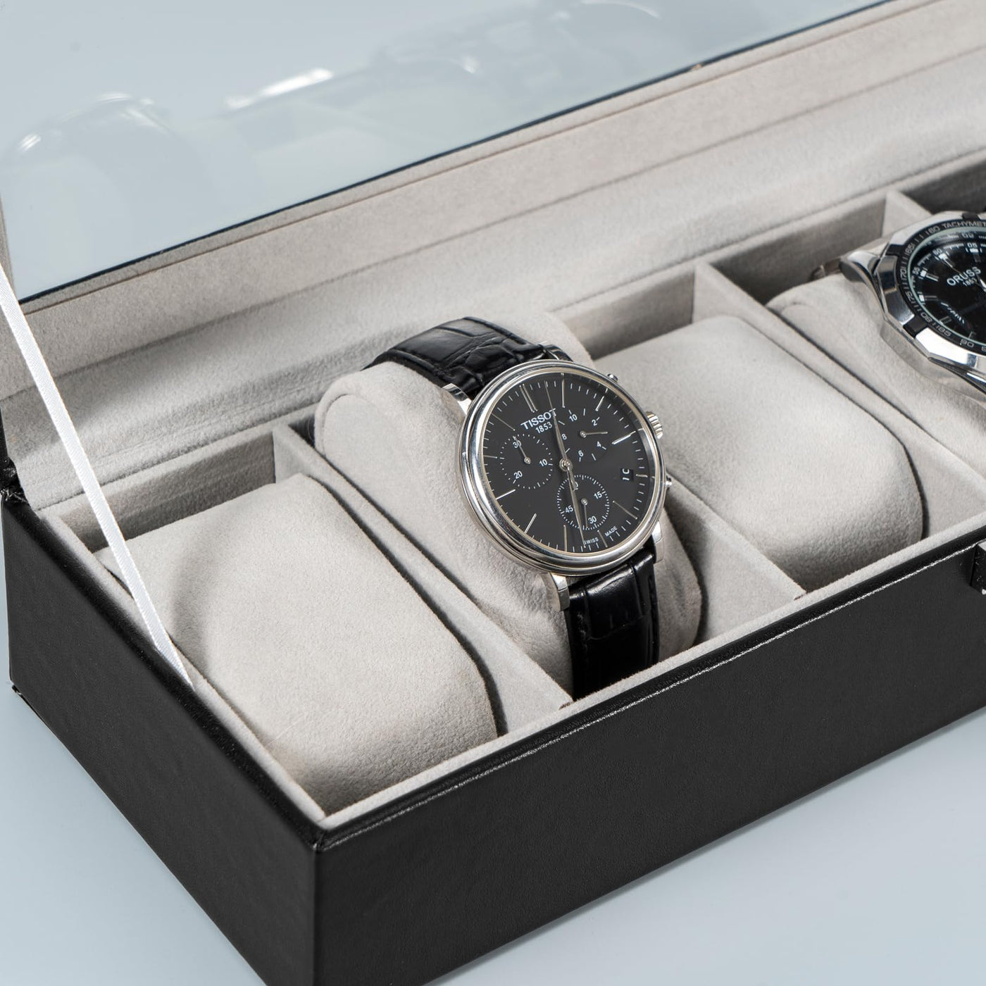 Boîte à montres avec 6 compartiments, boîte à montres avec couvercle en verre, boîte à montres avec coussin pour montres, rangement pour montres
