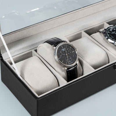 Boîte à montres avec 6 compartiments, boîte à montres avec couvercle en verre, boîte à montres avec coussin pour montres, rangement pour montres
