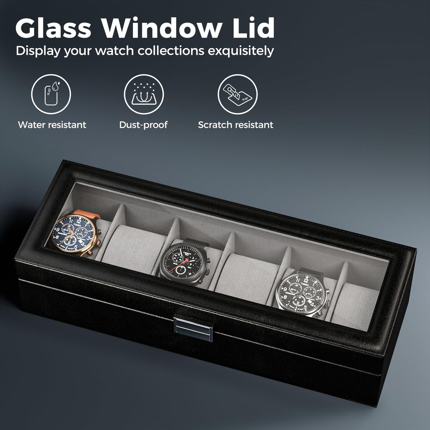 Boîte à montres avec 6 compartiments, boîte à montres avec couvercle en verre, boîte à montres avec coussin pour montres, rangement pour montres