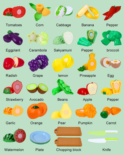 Spielküchenzubehör, Kinderküchenzubehör, Plastikobst zum Schneiden, verschiedene Obst- und Gemüsesorten, Teller, Schneidebretter