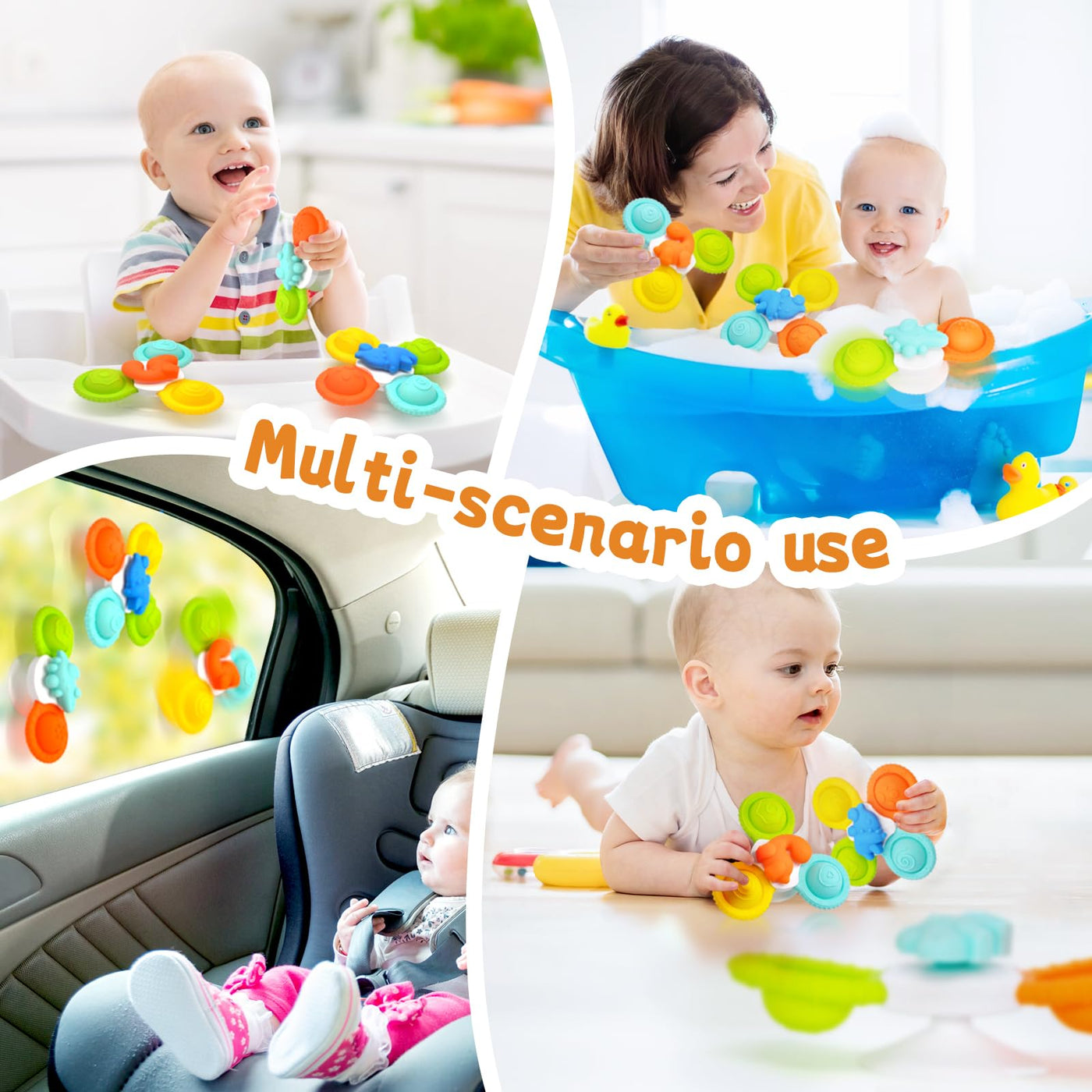 Suction cup toy baby, 3 pieces silicone baby bath toy with rotating suction cup, fidget spinner sensory toy