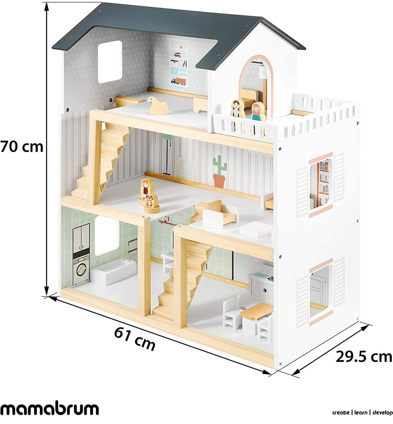 Holzpuppenhaus 3 Ebenen mit Möbeln,Accessoires - Skandinavisches Puppenhaus ab 3 Jahren - Puppenhaus mit Balkon, Holzmöbeln, Zimmer