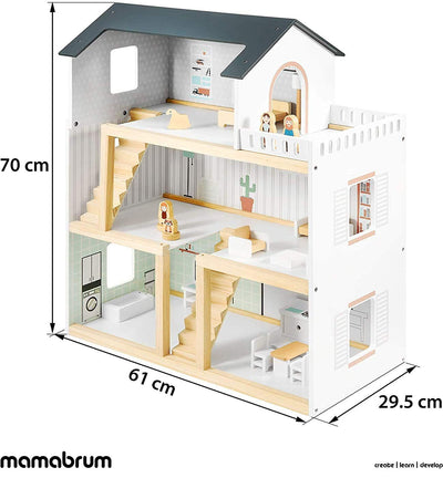 Holzpuppenhaus 3 Ebenen mit Möbeln,Accessoires - Skandinavisches Puppenhaus ab 3 Jahren - Puppenhaus mit Balkon, Holzmöbeln, Zimmer