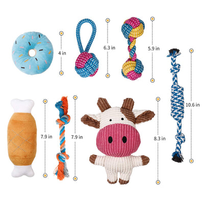 Jouets pour chiots - 7 pièces Jouets durables pour chiots / petits chiens - Jouets à mâcher et jouets à faire grincer - Coton naturel et non toxique