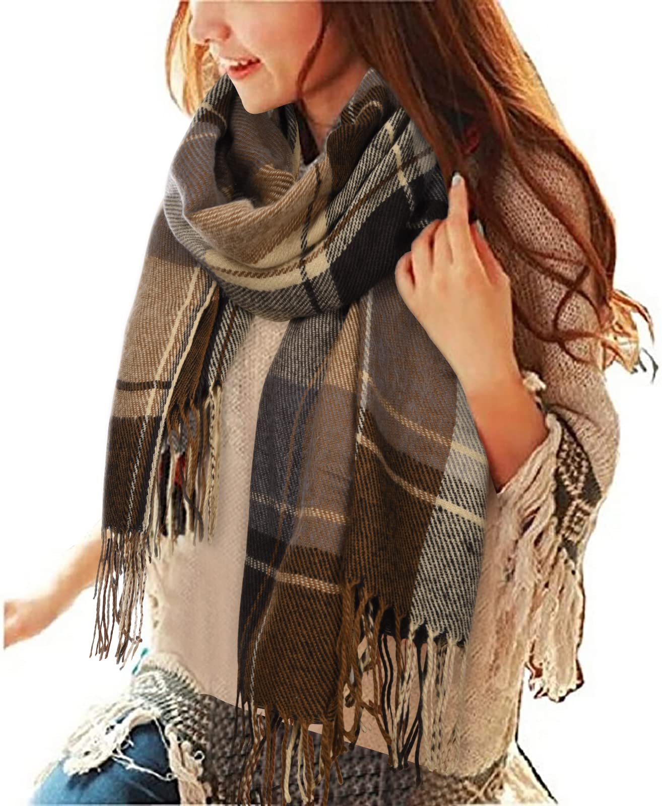 Plaid triangle scarf winter, pashmina scarf soft tassel wrap scarf