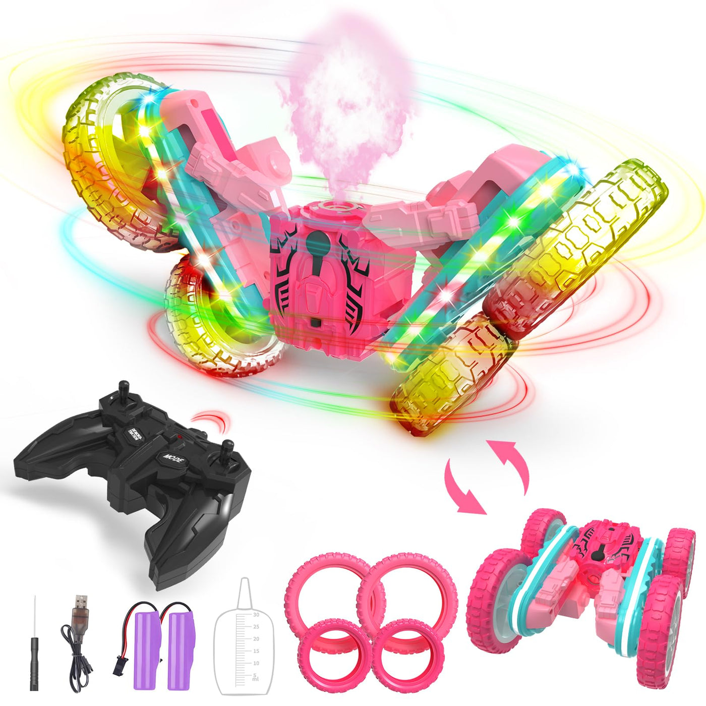 Voiture Télécommandée 2,4 GHz 4WD avec Phares, Jouet de Voiture RC à Bascule à 360° pour Filles de 3 à 12 Ans