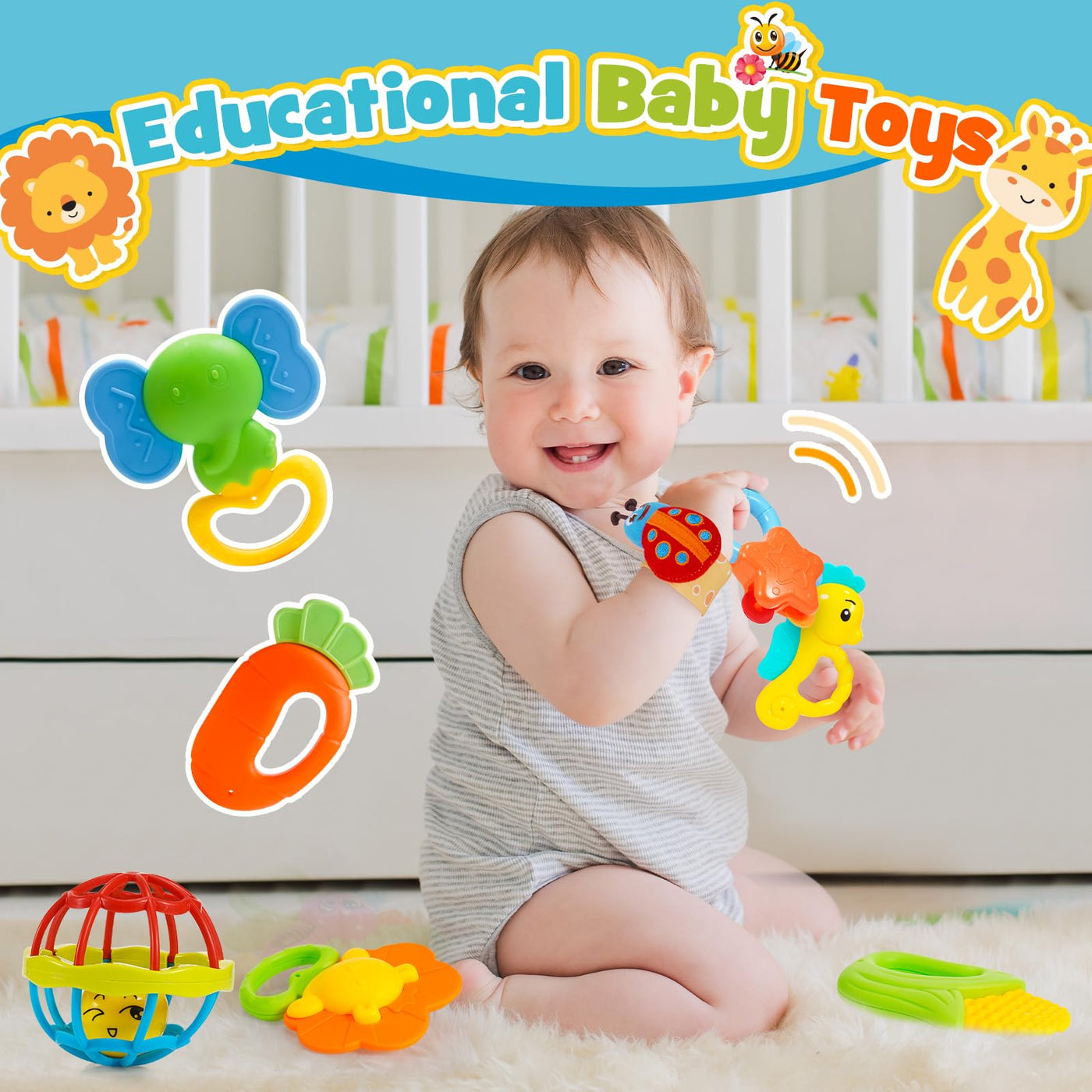 Jouets pour Bébés 14 Pièces Hochets Ensemble de Dentition Jouets pour Bébés