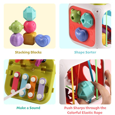 Activity cube 7-in-1 toddlers, motor skills cube sensory toy, baby toy and 6 multi-sensory shapes stacking board