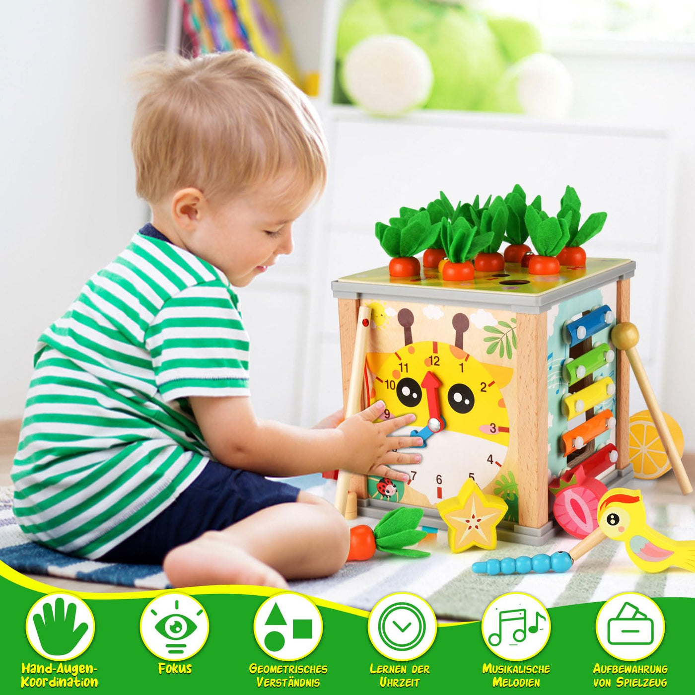 Motor activity cube wood baby 7 in 1 activity cube, activity center, carrot harvesting wooden toy motor activity toy