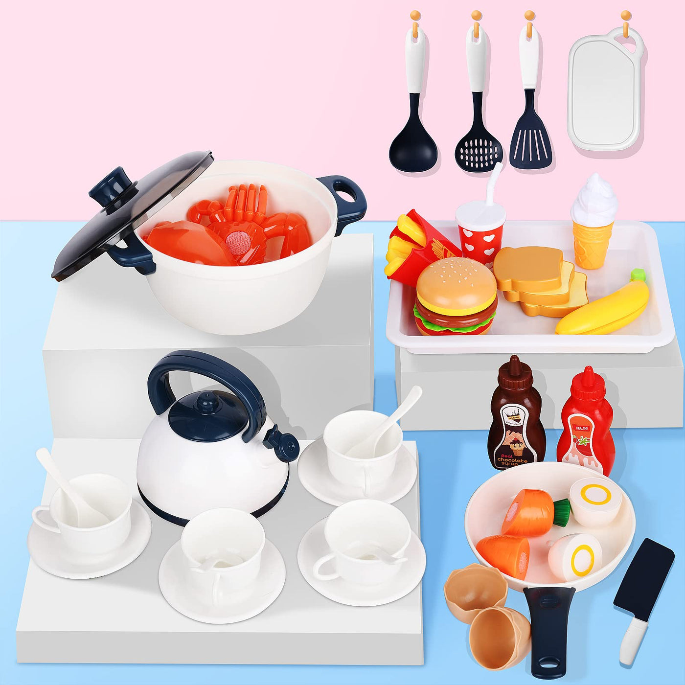 Kids kitchen accessories, 47PCS kitchen toy set kitchen accessories kids fruit vegetables food kitchen role play cookware pots and pans