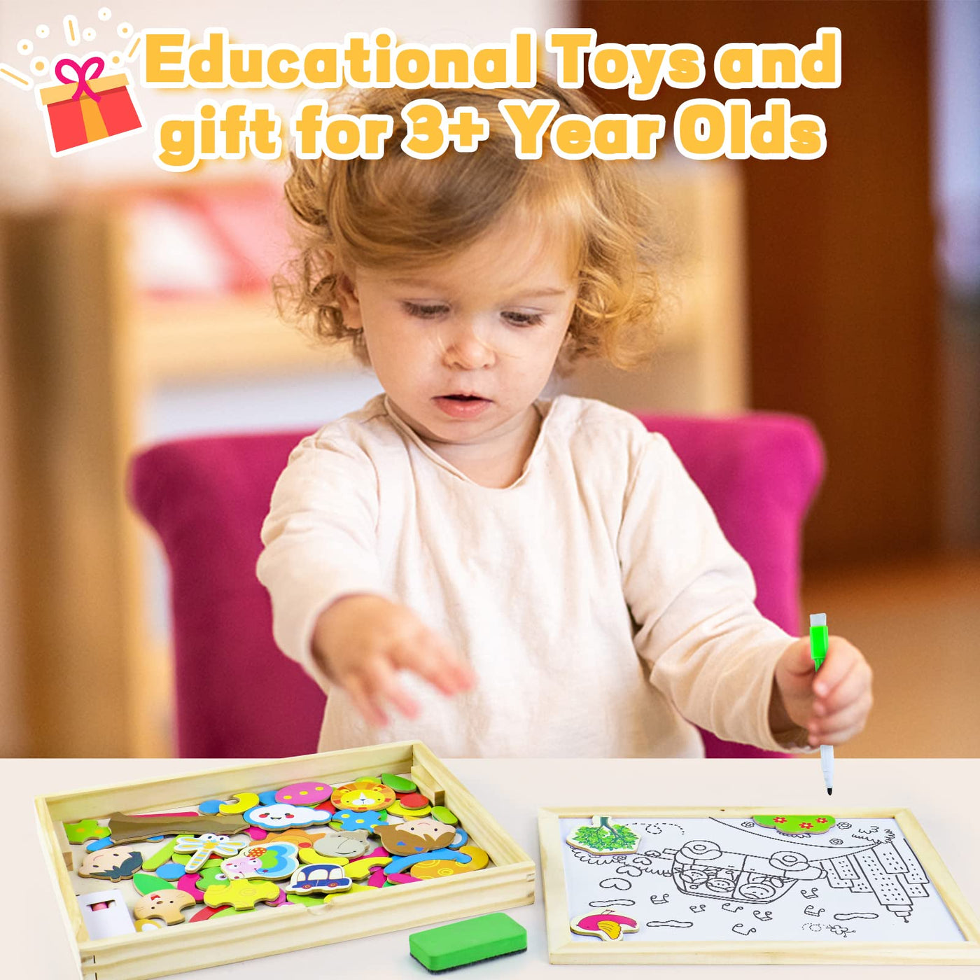 Magnetic board children toys ,Magnetic wooden puzzle puzzle from 3 with double-sided board magnetic game wooden toy