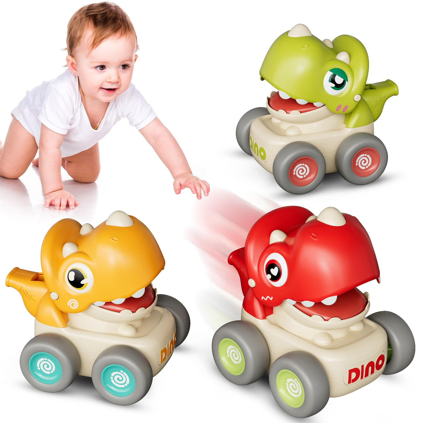 Toy cars Press and Go car for toddlers, 3 pieces dinosaur baby car toy