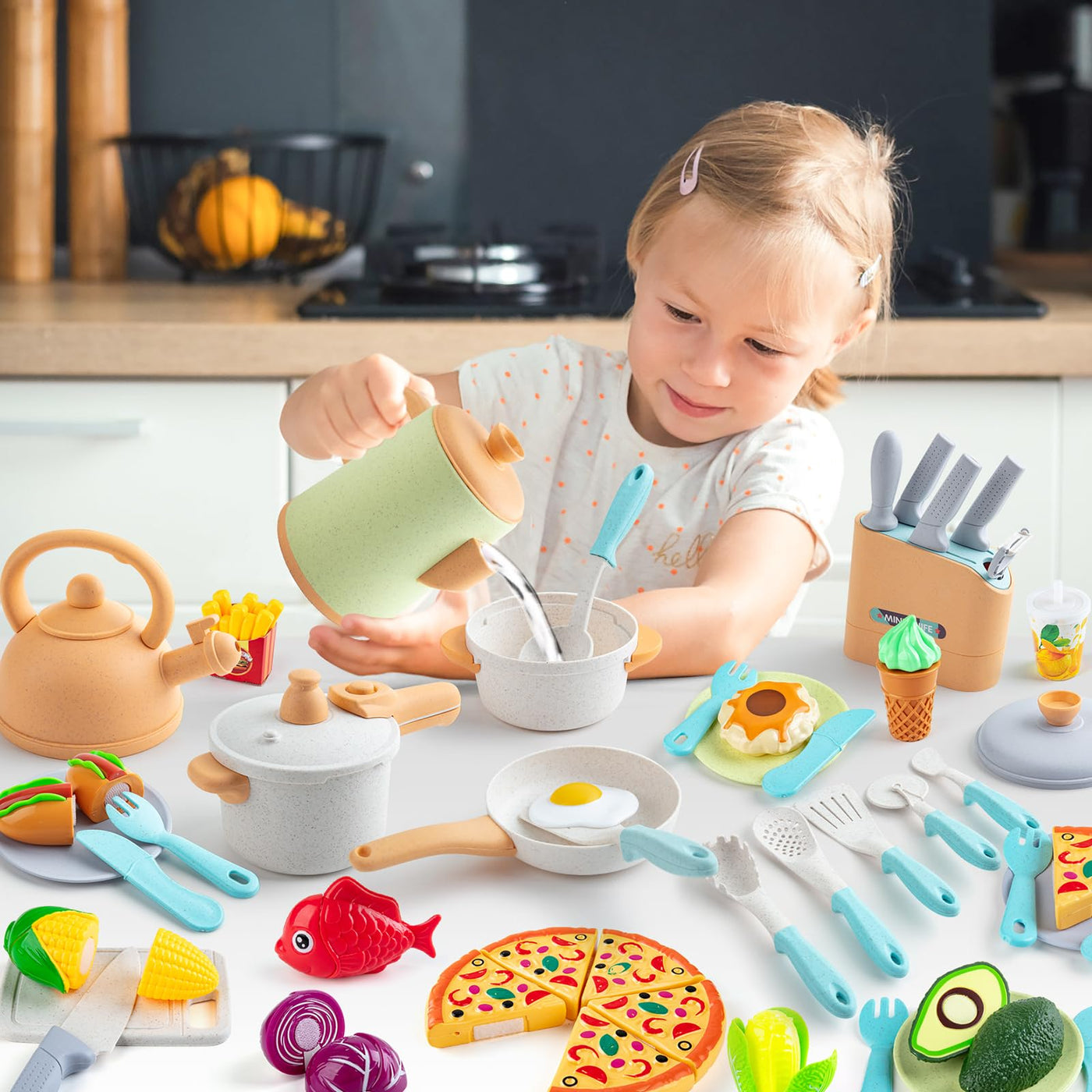 Children's kitchen accessories and pot set for role play, play kitchen accessories with cooking uniform fruit