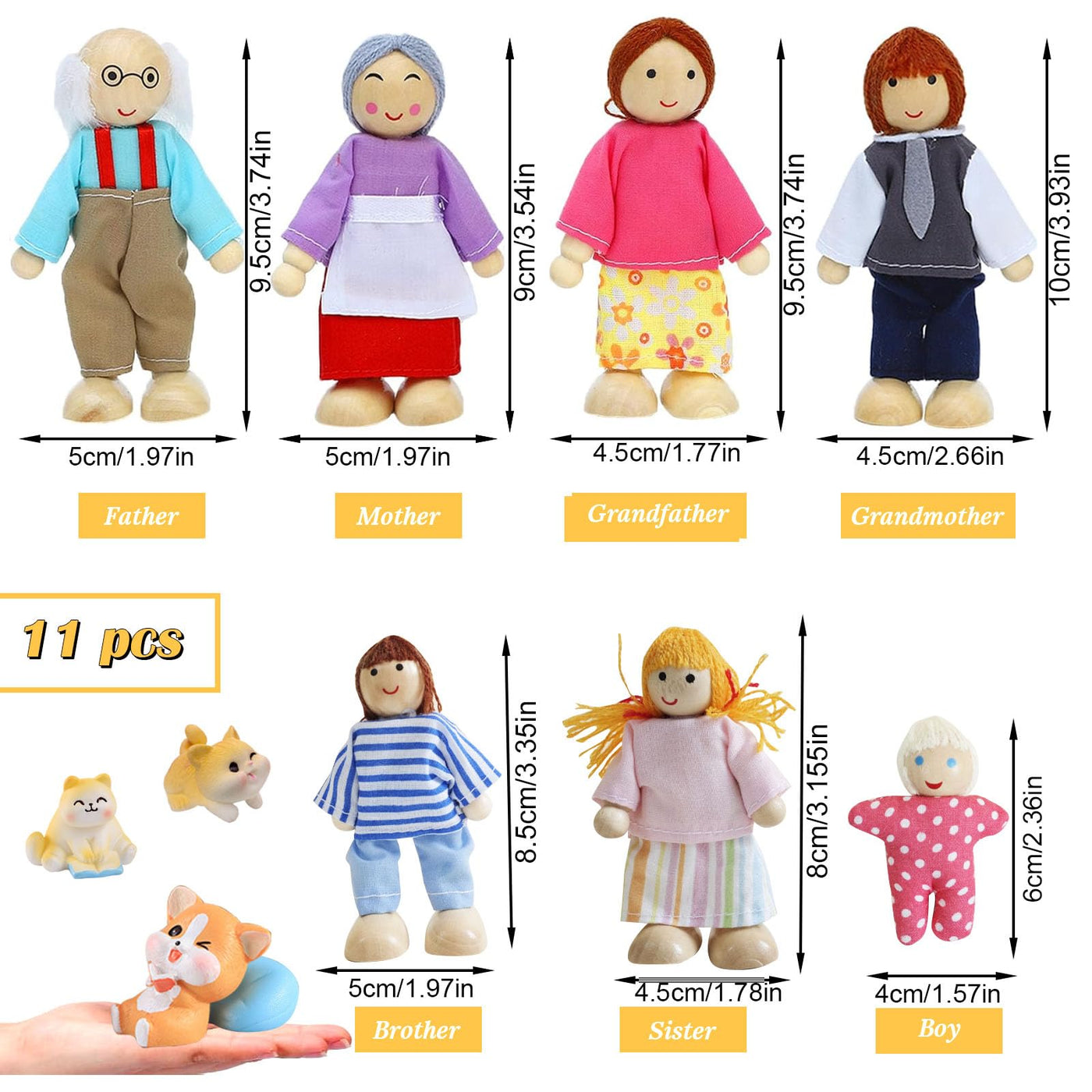 Figurines de Maison de Poupées 11 Pièces Poupées en Bois Famille Pliant des Poupées avec Chat et Chien pour Accessoires de Maison de Poupée