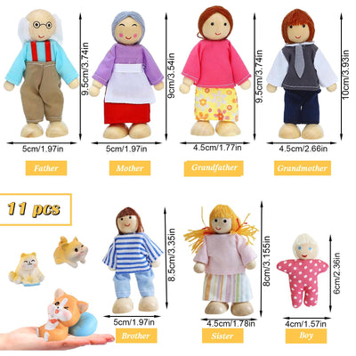 Figurines de Maison de Poupées 11 Pièces Poupées en Bois Famille Pliant des Poupées avec Chat et Chien pour Accessoires de Maison de Poupée