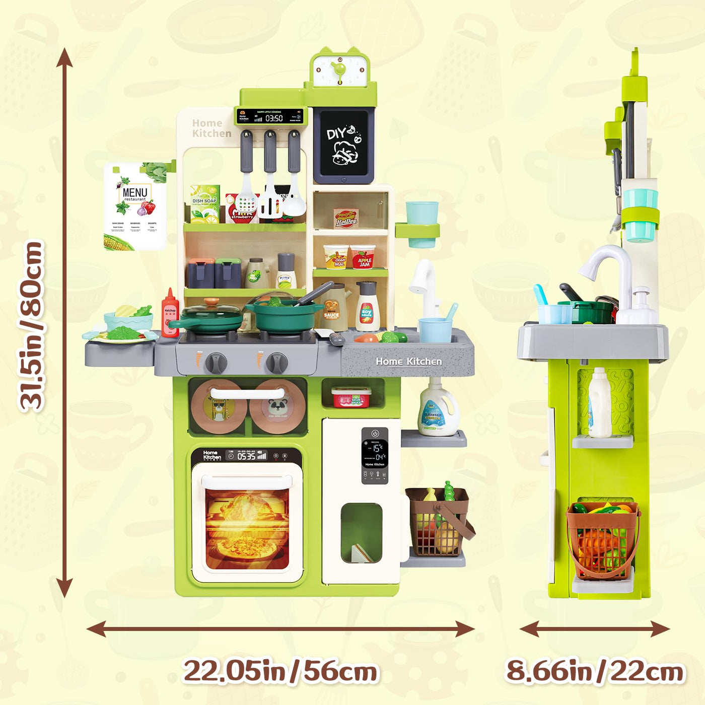 Cuisine pour enfants Cuisine avec Son Léger Vapeur d'Eau et Accessoires de Cuisine, Ensemble de Jeux de Cuisine pour Enfants avec Réfrigérateur Lave-vaisselle Cuisinière Évier Four Nourriture Jouet de Cuisine pour Enfants à partir de 3 ans