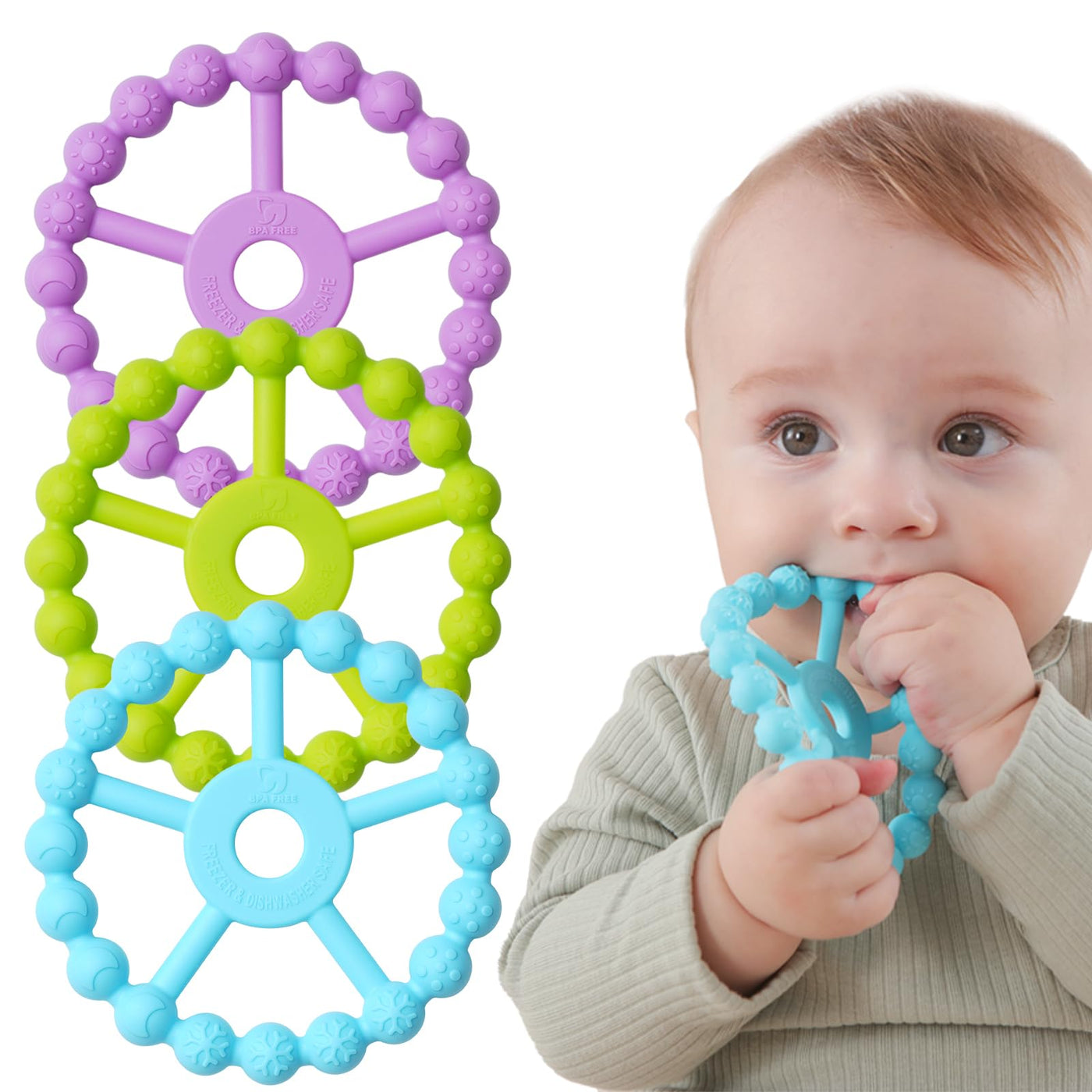 Beißring Baby, 3er-Pack Beißring Baby Spielzeug Kühlung, Silikon Greifring