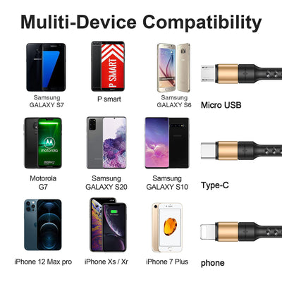 Multi USB Cable, Universal Charging Cable Nylon Quick 3 in 1