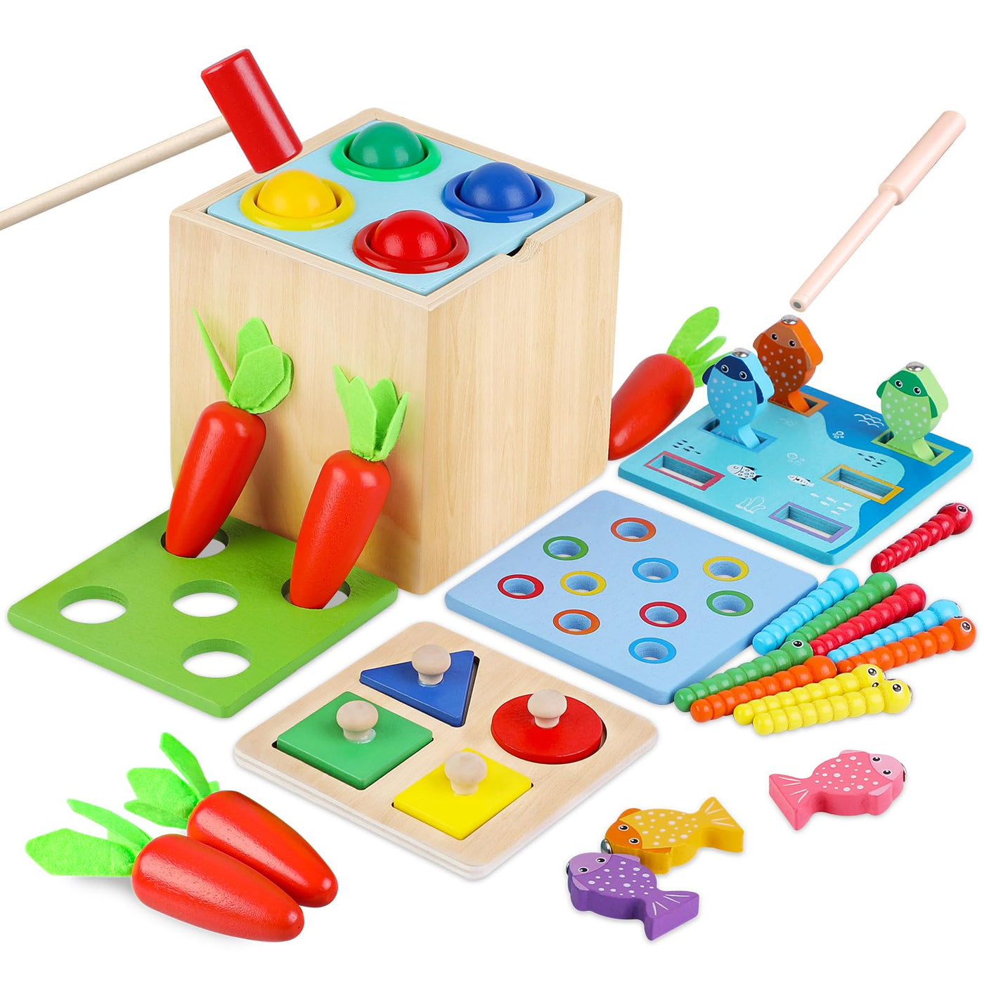 5 in 1 wooden puzzle sorting game educational toy for children Includes carrot harvesting, sorting and stacking toy, fishing game, ball drop, worm toy catching