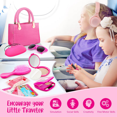 Sac à Main pour Filles avec Maquillage pour Enfants - Faux Jouet de Maquillage pour Enfants, Écouteurs, Portefeuille, Téléphone, Lunettes de soleil, Clés, Cartes de Crédit, Cadeau pour Filles 3+