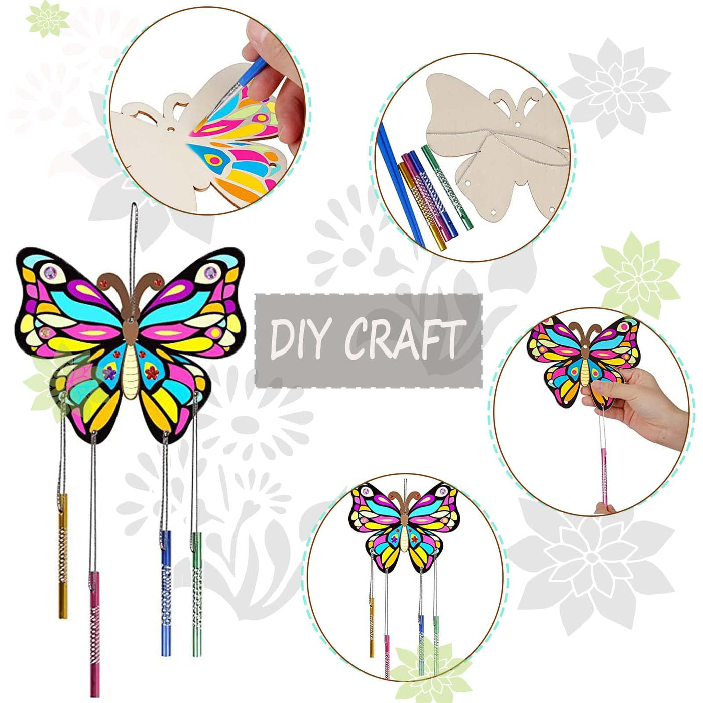 Butterfly wind chime craft set for children, double-sided creative wood painting for children with diamond sticker brushes