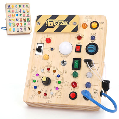 Busy Board toy Activity Board toy Wooden toy with 10 switches 23 LED lights