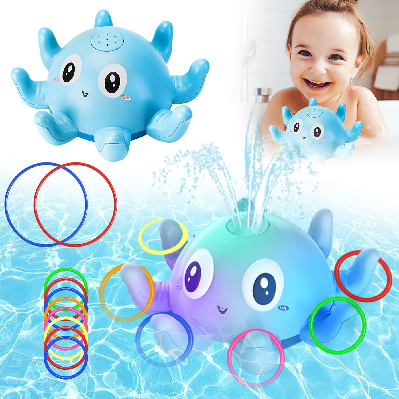 Badespielzeug Wasserspielzeug Kinder Doppeltes wasserdichtes Badespielzeug mit Licht LED Oktopus Wal Induktion Automatischer Wasserstrahl leuchtend für Kleinkinder