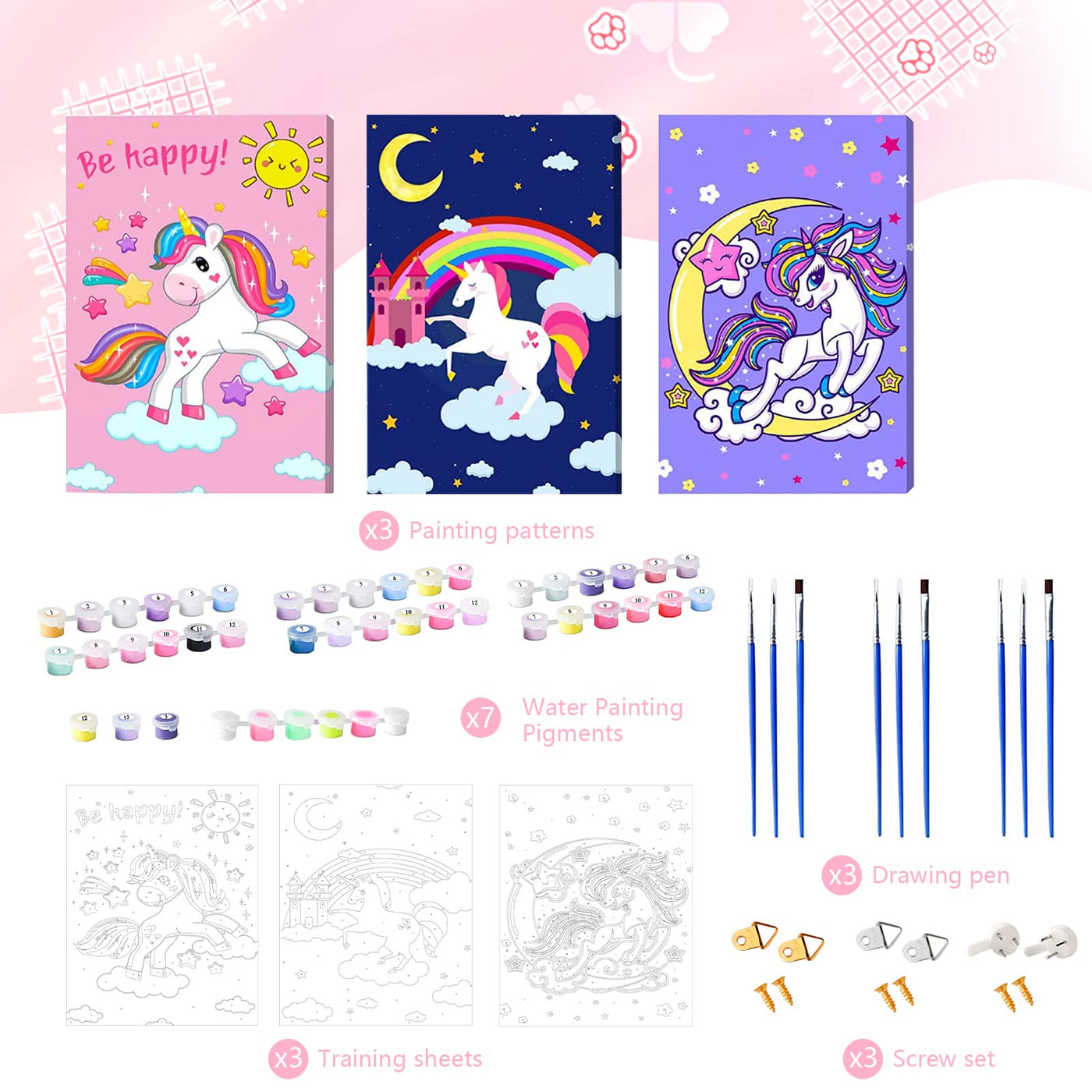 Paint by Numbers Kids Unicorn, Colorful Unicorn World, Girls Paint by Numbers craft set with brushes and acrylic paints