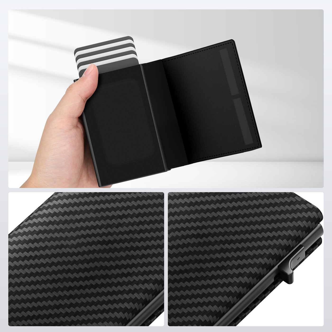 Card case, slim wallet with magnetic closure and coin pocket, pop-up smart wallet made of carbon fiber and credit card case for 9 to 14 cards