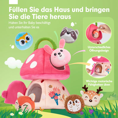 Maison champignon avec animaux, hochet, papier crépon, miroir, jouet éducatif pour bébés Favorise les capacités sensorielles et motrices