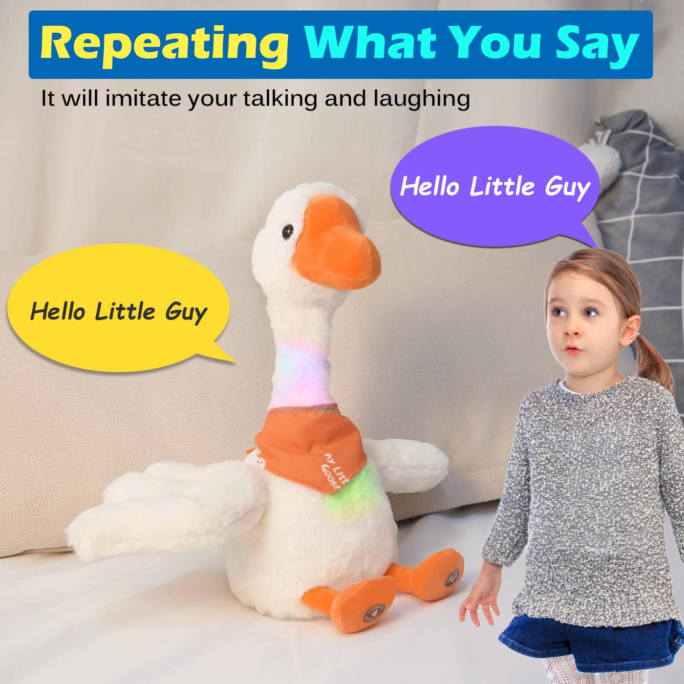 talking dancing goose that repeats what you say, imitates, recording, plush, baby toy, musical English songs, sings