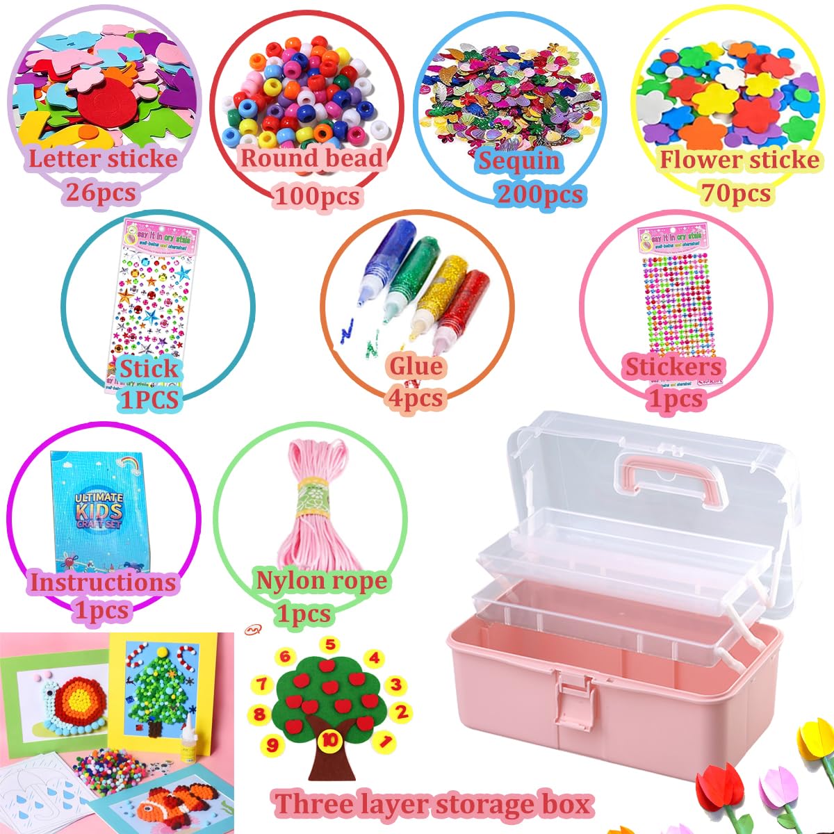 Bastelset für Kinder, 3000+Pcs Bastelset für Kinder Bastelkasten Bastelmaterialset, Bastelkoffer enthalten Pompons, Pfeifenreiniger für Kinder