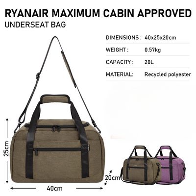 Hand Luggage 40 x 20 x 25 cm for Ryanair Travel Bag for Aeroplane Under Seat Hand Luggage Suitcase PET Recycled Environmentally Friendly Travel Bag Weekender Bag, brown