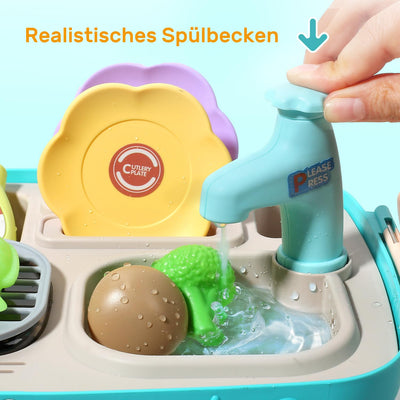 Kinderküchenspielzeug Picknick-Set, tragbares Picknickkorb-Spielzeug mit Musik und Lichtern, farbwechselndes Spielfutter, Küchenspüle, Küchenspiel